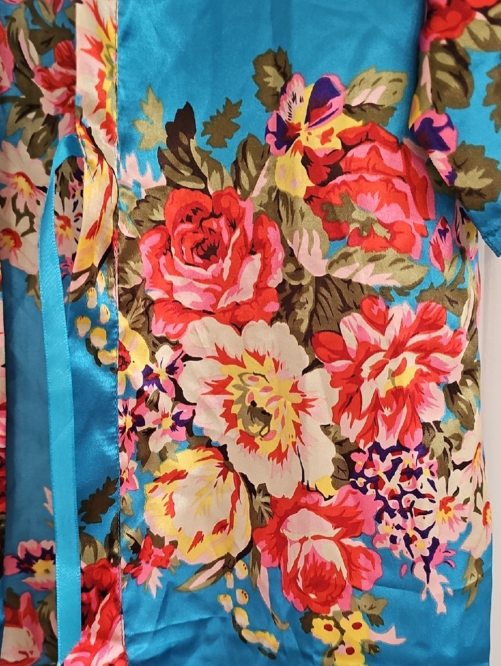 Robe Floral Satin Kimono Turquoise, Girls Size 14 - Picture 2 of 5